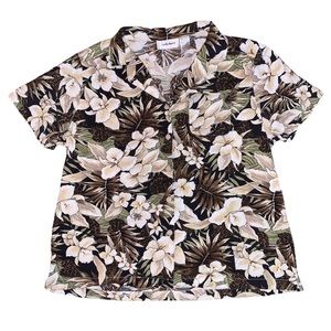 90s Black Tan Tropical Floral Pattern Short Sleeve Button Up Shirt Cathy Basics